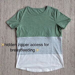 Green Colorblock Nursing Top Hidden Zipper Breastfeeding Pumping Cotton Small
